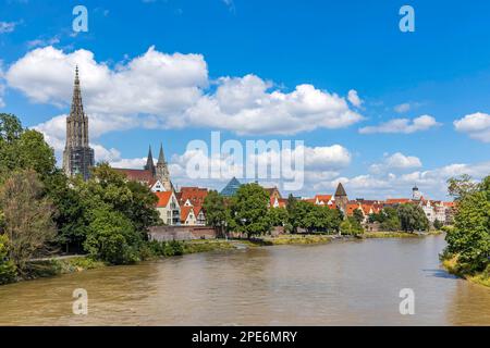 Vue sur le Danube, la cathédrale d'Ulm avec Metzgerturm, la pyramide moderne en verre de la Bibliothèque centrale et les bâtiments de la vieille ville, Ulm Banque D'Images