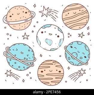 Ensemble de jolies planètes et étoiles souriantes isolées sur fond blanc. Illustration vectorielle dessinée à la main, style doodle. Personnages kawaii. Parfait pour les décorations, le logo, divers motifs. Illustration de Vecteur