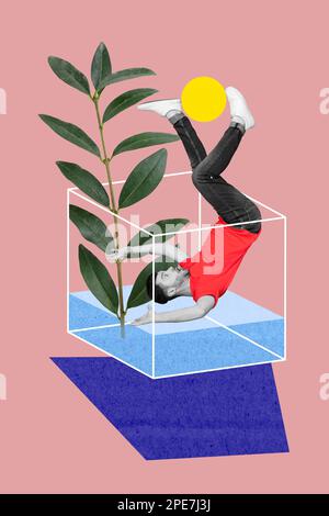 Vertical Creative collage 3D modèle photo de drôles mec imprudent tombant dans un vase avec usine d'eau isolée sur fond de peinture Banque D'Images