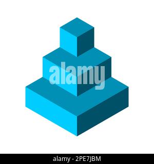 Bleu 3D pyramide géométrique en cubes. Concept de hiérarchie dans l'organisation. Structure de gestion de l'entreprise. Trois escaliers en bas. L'idée de l'escalade. Illustration de Vecteur