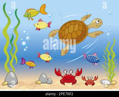 illustration vectorielle du monde sous-marin avec tortue, crabes, poissons, fond sablonneux, rochers, algues, bulles fond bleu. Illustration de Vecteur