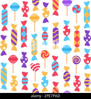 Motif coloré sans couture sur fond blanc. Boutique boutique papier peint brillant et doux. Délicieux bonbon caramel bonbon bonbons coeurs créateur rep Illustration de Vecteur