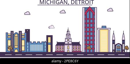 Etats-Unis, sites touristiques de Detroit, illustration de voyage de ville vecteur Illustration de Vecteur