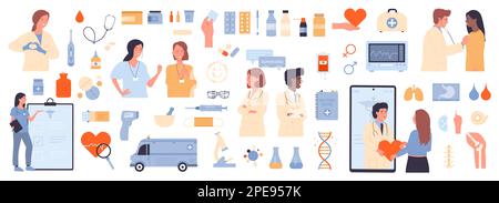 Illustration du vecteur du jeu de médicaments. Collection médicale de dessin animé avec des médecins et des patients personnages dans l'hôpital et l'ambulance, des pilules de pharmacie et trousse de premiers soins, seringue et thermomètre, vaccin Illustration de Vecteur