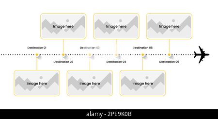 Modèle d'infographie avec icônes et 6 options ou étapes. Concept de voyage. Peut être utilisé pour la mise en page de flux de travail, le diagramme, la bannière, la conception Web. Illustration vectorielle Illustration de Vecteur
