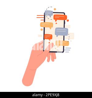 Téléphone à portée de main avec des messages instantanés. Communication mobile, illustration de vecteur de réseau numérique Illustration de Vecteur