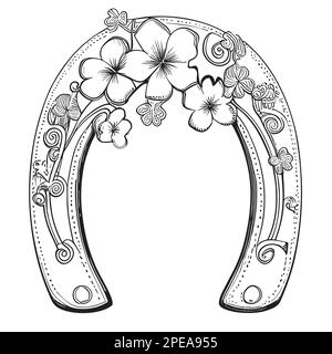 Illustration de l'esquisse de Horseshoe avec fleurs dessinées à la main, symbole de bonne chance Illustration de Vecteur