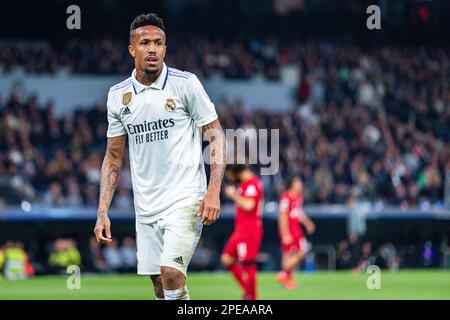 Madrid, Espagne. 15th mars 2023. Éder Militão (Real Madrid) lors du match de football entre&#XA;Real Madrid et Liverpool valable pour la deuxième partie du tour de 16 de la Ligue des champions de l'UEFA célébrée à Madrid, Espagne au stade Bernabeu le mercredi 15 mars 2023 Credit: Live Media Publishing Group/Alay Live News Banque D'Images