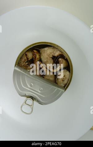 Fruits de mer en conserve, conservés dans l'huile. Isolé sur fond blanc. Nourriture en conserve isolée sur fond blanc. Poisson-sardines maquereau sain avec olive Banque D'Images