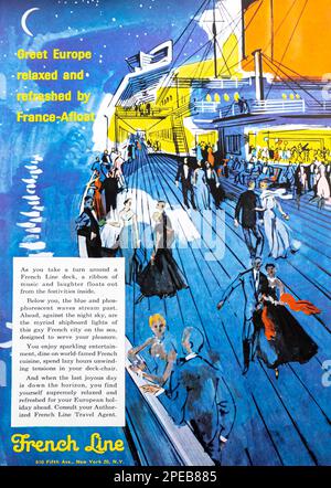 Publicité des croisières de la ligne française dans un magazine NatGeo septembre 1956 Banque D'Images