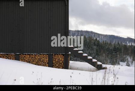 Vue latérale de la maison en bois noir avec bois de chauffage empilé sous avec espace de copie Banque D'Images
