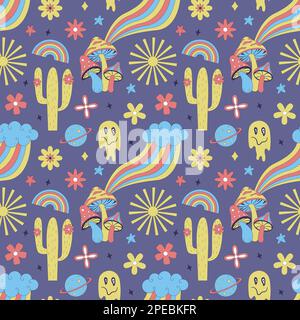 Motif sans couture avec Y2K éléments de style. Couleurs vives et acides au néon. Motif jeune brillant avec les symboles du 70s. Champignons, cactus, visage en fusion, pluie Illustration de Vecteur