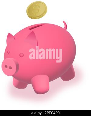 Image de la banque de porc Vector 3D avec un dollar d'or. Joli rose argent économies de piggybank rendu avec pièce et ombre molle isolé Illustration de Vecteur