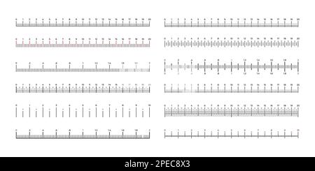 Repères de règle définis. Balances de mesure simples avec repères système métriques et impériales, équipement de mesure marqué en centimètres pouces. Collection de vecteurs. Illustration de Vecteur