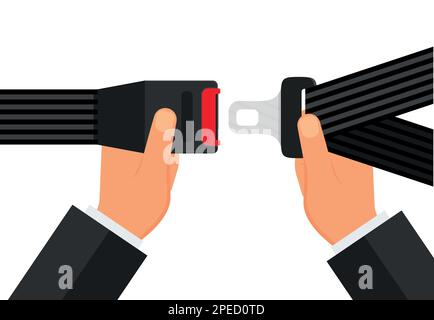 Un homme bouclant les mains de la ceinture de sécurité. Illustration de la ceinture de sécurité pour la protection. Ceinture de sécurité avec verrouillage des mains. L'équipement de sécurité pour voiture ou avion. F Illustration de Vecteur