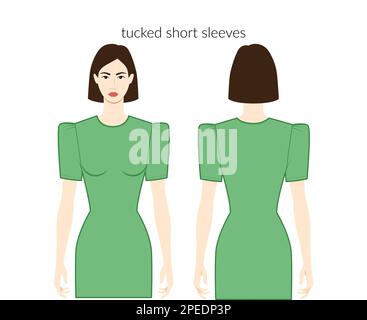 Manches courtes courtes vêtements belle dame en vert haut, chemise, robe technique mode illustration avec corps ajusté. Modèle de vêtements plats à l'avant et à l'arrière. Femmes, hommes unisex CAD maquette Illustration de Vecteur