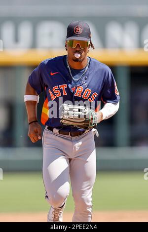 15 mars 2023, North Port FL Etats-Unis; Houston Astros a laissé Marty Costes (83) dans le dugout lors d'un match d'entraînement de printemps de la MLB contre le Banque D'Images