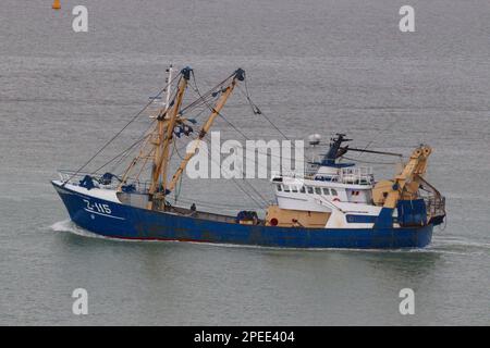 Le chalutier à poutres Z-115 basé sur Zeebrugge “Antje de Vries” quitte son port d'origine pour commencer les opérations de chalutage dans la Manche, janvier 2023. Banque D'Images