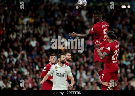 Madrid, espagnol. 15th mars 2023. Madrid Espagne; 03.15.2023.- joueur de Liverpool Konate. Real Madrid vs Liverpool ronde de 16 jour de match 2 de 2 dans la Ligue des Champions. Stade Santiago Bernabeu dans la capitale du Royaume d'Espagne. Note finale 1-0 résultat global 6-2 crédit: Juan Carlos Rojas/dpa/Alamy Live News Banque D'Images