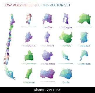 Basses régions polytiques chiliennes. Carte polygonale du Chili avec les régions. Cartes géométriques pour votre conception. Illustration vectorielle créative. Illustration de Vecteur