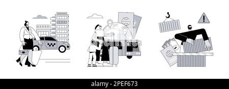 Jeu d'illustrations vectorielles abstraites de la bordure de passage. Transfert en taxi, transport transfrontalier, contrebande et transport illégal de marchandises, service de taxi de marchandises, métaphore abstraite de contrebande. Illustration de Vecteur