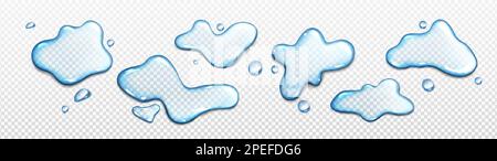 Ensemble réaliste de flaques d'eau isolées sur fond transparent. Illustration vectorielle des éclaboussures de liquide bleu, des déversements accidentels abstraits, des blobs de gel cosmétique, des gouttes de pluie, vue de dessus sur la surface. Éléments de conception Illustration de Vecteur