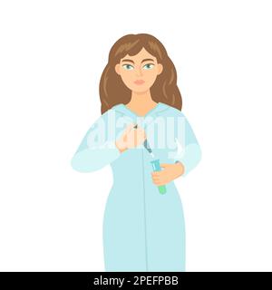 Jeune scientifique. Femme souriante en blouse de laboratoire tenant la seringue. Personnage de dessin animé vectoriel. Illustration de Vecteur
