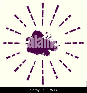 Logo Antigua. Affiche grunge Sunburst avec carte de l'île. Forme d'Antigua rempli de chiffres hexagonaux avec des rayons de soleil autour. Illustration de Vecteur