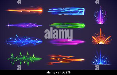 Ensemble de dessins animés de pistolet laser coloré et d'effets d'explosion isolés sur l'arrière-plan. Illustration vectorielle de la foudre au néon, de la décharge électrique, de la flamme, de l'effet de coup de feu. Armes de fantaisie de demain Illustration de Vecteur