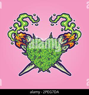 Coeur en feuilles de cannabis avec logo de l'herbe à fumer croisée illustrations vectorielles pour votre logo de travail, t-shirt de marchandise, autocollants et conception d'étiquette Illustration de Vecteur