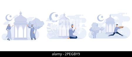 Salut de mubarak ramadan heureux , Iftar manger après la fête de jeûne, le concept de kareem ramadan, vecteur plat illustration moderne Illustration de Vecteur