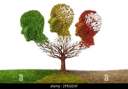 Atrophie du cerveau et vieillissement de l'esprit ou perte de mémoire due à la démence et à la maladie d'Alzheimer ou déclin cognitif comme arbres d'automne dans la forme d'un humain Banque D'Images