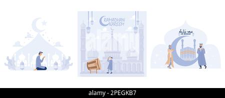 Prière musulmane Ramadan salutation carte postale, fond islamique, les enfants musulmans offrant namaaz pour Eid Moubarak, définir un vecteur plat illustration moderne Illustration de Vecteur