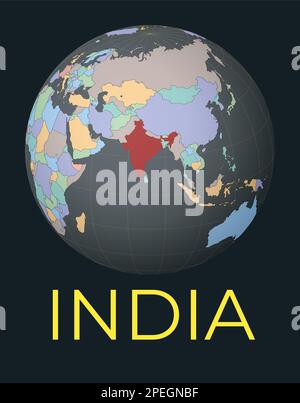 Carte du monde centrée sur l'Inde. Pays rouge mis en surbrillance. Vue satellite du monde centrée sur le pays avec le nom. Illustration vectorielle. Illustration de Vecteur