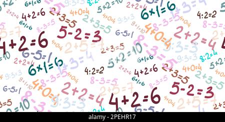 Résoudre des exemples. Arrière-plan transparent de différents exemples mathématiques placés au hasard. Addition, soustraction, multiplication et division. École de couleur te Illustration de Vecteur