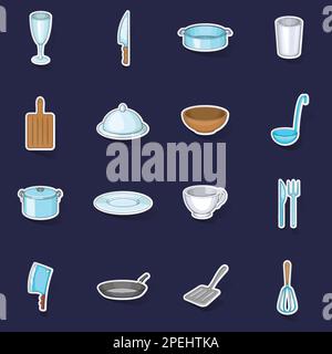 Les icônes de la vaisselle de base définissent le vecteur de collection stikers avec des ombres sur fond violet Illustration de Vecteur