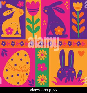 Ensemble de carreaux de Pâques aux éléments abstraits colorés. Style abstrait géométrique à motif moderne. Oeufs de Pâques, lapin, fleurs. Illustration vectorielle. Main minimale Illustration de Vecteur