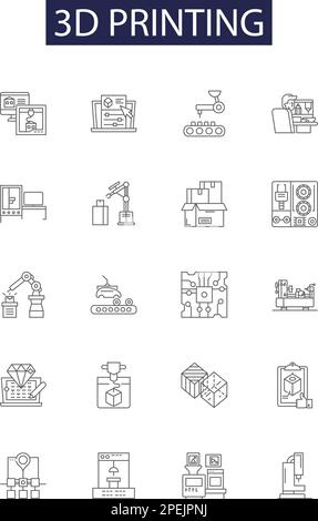 3d icônes et signes vectoriels de ligne d'impression. imprimante, ingénierie, conception, fabrication, plastique, industrie, impression, jeu d'illustrations vectorielles 3d Illustration de Vecteur