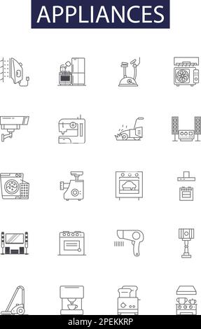 Icônes et signes vectoriels de ligne des appareils. Réfrigérateur, cuisinière, four, lave-vaisselle, micro-ondes, Jeu d'illustrations vectorielles pour aspirateur, lave-linge et sèche-linge Illustration de Vecteur