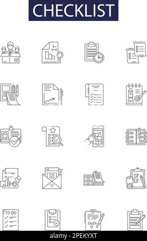 Icônes et signes vectoriels de ligne de liste de vérification. Liste, stock, formulaire, vérifier, vérifier, Jeu d'illustrations vectorielles de repérage, de modèle, de contour de processus Illustration de Vecteur