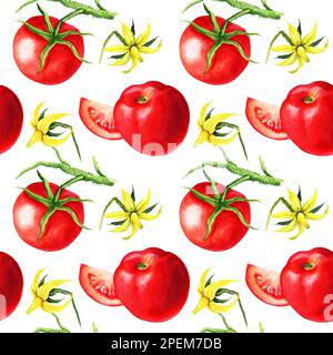 motif aquarelle sans couture avec tomates, fleurs, brunches, illustration dessinée à la main, croquis de légumes rouges Banque D'Images