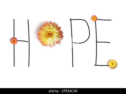L'ESPOIR de mot fait avec des lettres et belle fleur de dahlia sur fond blanc Banque D'Images