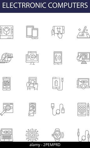 Symboles et signes vectoriels de ligne des calculateurs Electroniques. ordinateurs, ordinateurs, numériques, dispositifs, traitement, vecteur de contour matériel, données, logiciel Illustration de Vecteur