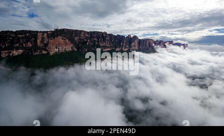 Les imposantes falaises rocheuses de grès d'Auyan Tepui à l'aube avec des nuages au-dessus de la Gran Sabana, Venezuela Banque D'Images