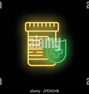 Vecteur de contour de l'icône de la boîte de pilules médicales. Assurance soins. Couleur néon des soins aux patients isolée sur fond noir Illustration de Vecteur