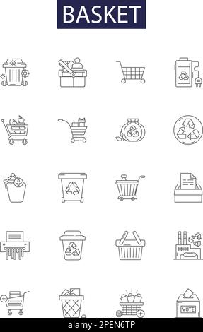 Icônes et signes vectoriels de ligne de panier. Osier, paille, manutentionné, marché, fruits, Jeu d'illustrations vectorielles Shopping, Store, Wire Outline Illustration de Vecteur