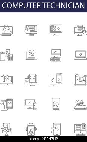 Icônes et signes vectoriels de ligne de technicien en informatique. Technicien, réparation, INFORMATIQUE, support, matériel, logiciel, diagnostics, réseaux, vecteur de contour Illustration de Vecteur