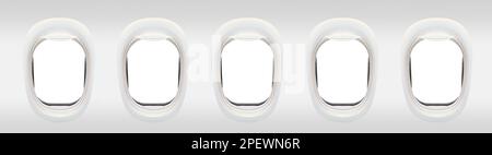 Photo de cinq fenêtres d'un avion de l'intérieur (concept de vol), cadres isolés sur fond blanc Banque D'Images