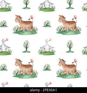 Aquarelle sans couture pour l'agriculture avec des animaux domestiques. Cheval, mouton, vache, porc, oie, poulet. motif puéril sans coutures pour les terres agricoles. Textiles, poste Banque D'Images