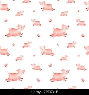 Aquarelle sans couture pour l'agriculture avec des animaux domestiques. Cheval, mouton, vache, porc, oie, poulet. motif puéril sans coutures pour les terres agricoles. Textiles, poste Banque D'Images